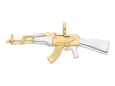 Dije diseño especial motivo arma de fuego en oro dos tonos 18 kilates. Hot on Sale