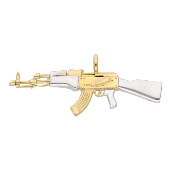 Dije diseño especial motivo arma de fuego en oro dos tonos 18 kilates. Hot on Sale