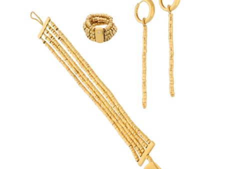 Juego de pulsera cinco hilos eslabón tubular, arracadas con colgantes y argolla articulada firma H.Stern con diamantes en oro amarillo 18 kilates. For Discount