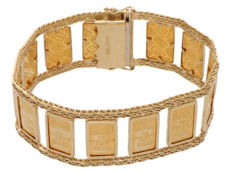 Brazalete de dos hilos eslabón boleado con placas troqueladas en oro amarillo 14 kilates. Cheap