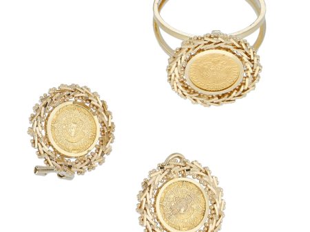 Anillo tipo sello, aretes boleados en oro amarillo 14 kilates. Discount