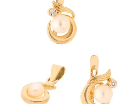 Aretes estilizados con diamantes, dije diseño especial con perlas en oro amarillo 14 kilates. Hot on Sale