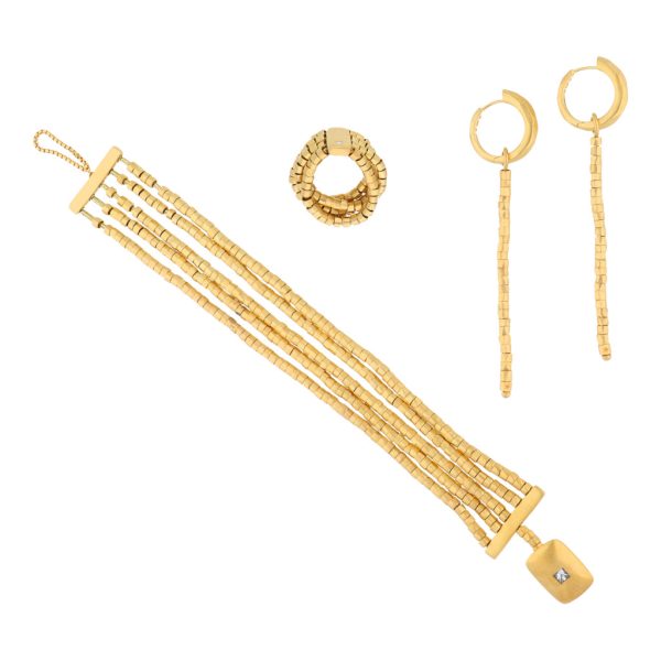 Juego de pulsera cinco hilos eslabón tubular, arracadas con colgantes y argolla articulada firma H.Stern con diamantes en oro amarillo 18 kilates. For Discount